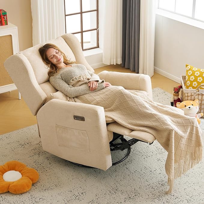 Oversized Swivel Rocker Recliner Chair, 26" Extra Wide Glider Nursery Chair with Adjustable Headrest, Chenille Power Recliner Rocking with Double Cushion, Cup Holder, Beige