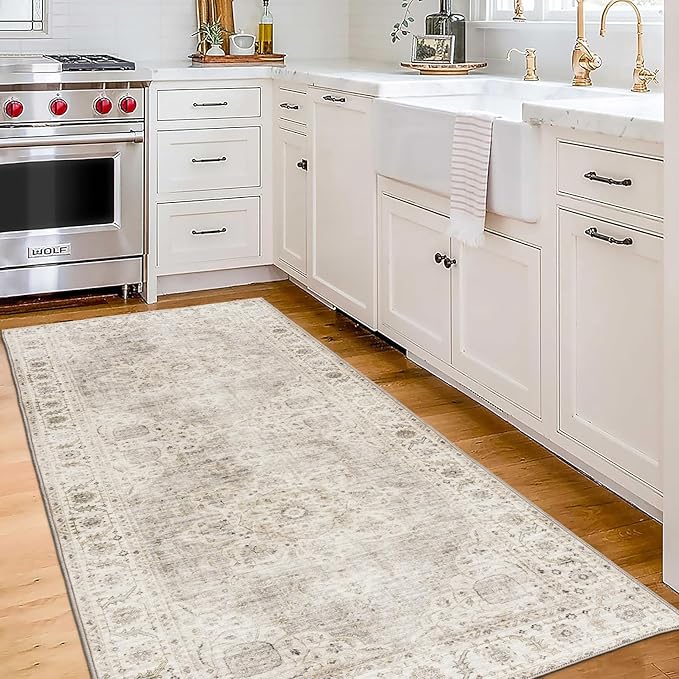 ReaLife Rugs Machine Washable Area Rug Runner - Living Room Bedroom Bathroom Kitchen Entryway Office - Padded Low Pile Stain Resistant Premium - Boho Farmhouse Vintage - Joy - Beige Ivory 2'6" x 8'