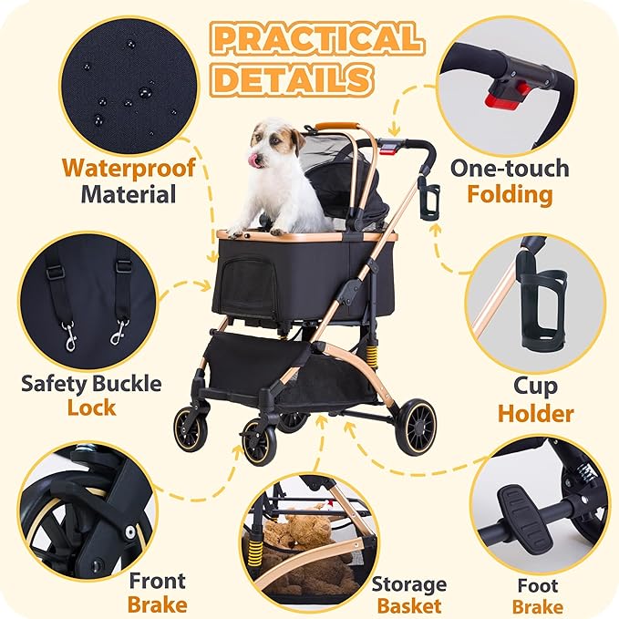 Pet Stroller for Small Medium Dogs, Lightweight Small Dog Stroller for Dogs Cats with 6 Shock Absorption System, Detachable Carrier Suitable for Car Seat & Hand Carry, Safe Outings
