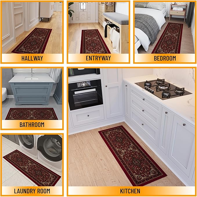 Ottomanson Hallway Runner Rug 20" x 59" Non Slip Oriental Area Rugs Easy to Clean Laundry Rug Runner Durable & Pet Friendly Floor Carpet Runners for Hallways Entryway Living Room Kitchen, Red
