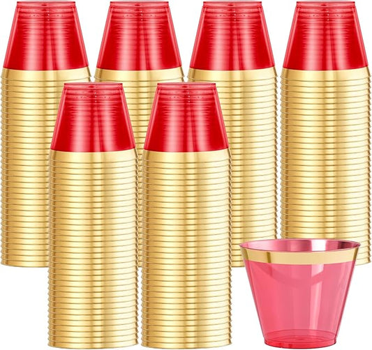 supernal 100 Pcs Red Cups, 9oz Red Plastic Cups with Gold Rim, Plastic Wine Cocktail Glasses Perfect for Party, Wedding and Birthday, Cute Cocktail Party Cup Disposable Wine Glasses