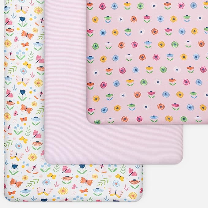 GROW WILD Butterflies & Flowers Fitted Crib Sheets Girl (3 Pack) - Soft Jersey Cotton Fitted Sheet, Toddler Bed Mattress & Baby Crib Bedding Set for Girls, Baby Girl Nursery Crib - Pink & White