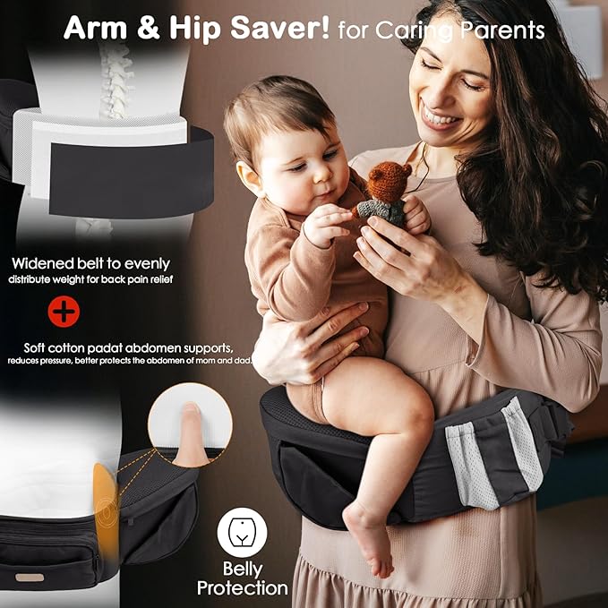 Baby Hip Seat Carrier, Adjustable Waistband with 3D Abdominal Support & Various Pockets Ergonomic Carrier for Newborns to Toddlers up to 33l bs Medium Black