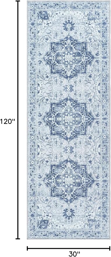 Bloom Rugs Washable Non-Slip 10 ft Runner - Gray/Blue Traditional Medallion Runner for Entryway, Hallway, Bathroom, and Kitchen - Exact Size: 2.5' x 10'