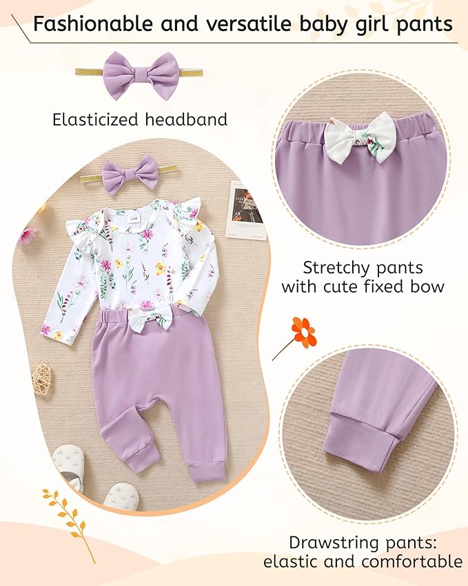 YALLET Baby Girl Clothes Newborn Infant Girl Outfits Floral Romper+Pants+Headband Fall Baby Layettes for Clothing 0-18 Months