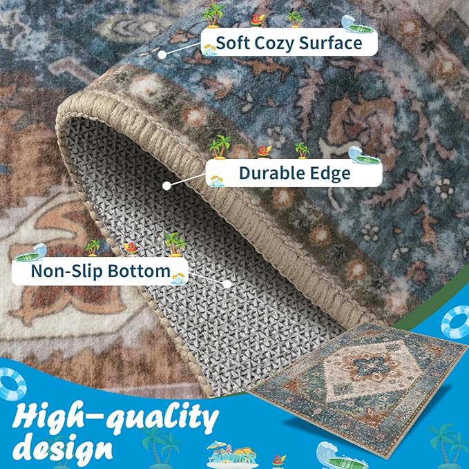 Ciicool 5x7 Area Rugs, Washable Area Rug Boho Rugs for Living Room Non-Slip Indoor Rugs Large Low-Pile Mat Floor Carpet Vintage Rug for Bedroom Office Dinning Foyer Decor