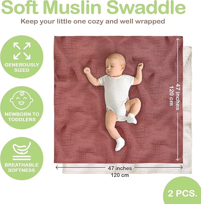 Organic Cotton Muslin Baby Blanket - 47x47 Inch Breathable Swaddle, Hypoallergenic Double-Layer, Versatile Use (Rust/Ivory, 47x47 Inch)