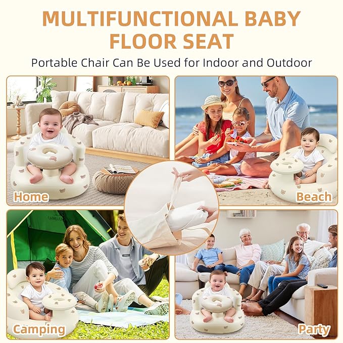 Inflatable Baby Seat with Tray, Blow up Infant Chair for Babies 3 Months and up, Comfortable Baby Floor Seats for Sitting Up, Built in Air Pump with Back Support Toddler Waterproof Sofa (Bear)
