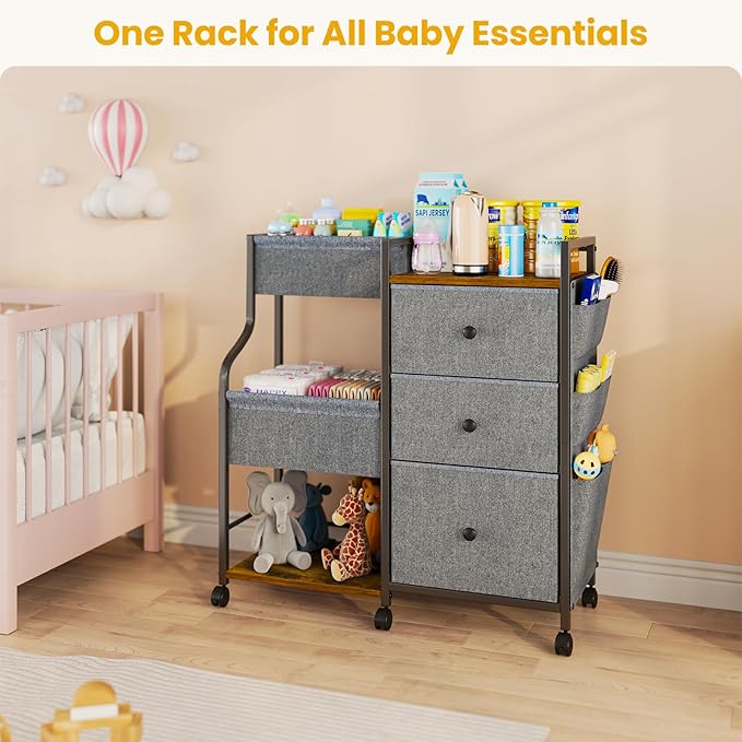 Baby Diaper Caddy, 3 Tier Baby Organizer and Storage Cart with Dividers and Drawers, Mobile Utility Rolling Cart, Newborn Baby Essentials Storage Cart with Wheels for Nursery, Bedroom, Grey
