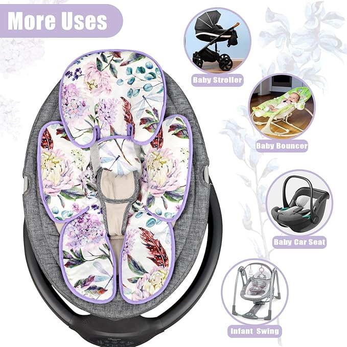 Infant Car Seat Insert for Newborn Girls Boys, HNHUAMING 2 In 1 Reversible Baby Car Seat Head & Body Support, Extra Soft Baby Car Seat Cushion Insert for Strollers, Swings, and Bouncers, Purple Floral