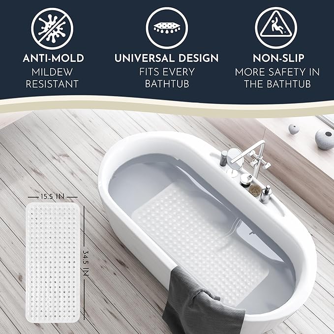 homerella® Bath Mat for Tub Non Slip Mold Resistant 35x16 - Shower Mat Non Slip Anti Mold - Bath Tub Mat Suction Cups incl. Hooks for Drying - Bathtub Mat Non Slip - ANI Slip Shower Mat Inside Tub