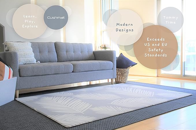 Cushmat Stylish Reversible Foam Play Mat (Large, Palm Gray - Blue Diamonds) - Soft, Waterproof, Durable Play mat for Infants, Babies, Toddler, Kids & Grownup - 6.5ft x 4.5ft