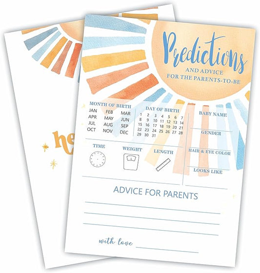 Baby Predictions & Advice Game Set -Retro Sunshine Theme Baby Shower - Watercolor Sun Theme Baby Shower Game Kit, Gender Reveal, Baby Announcement Party Favor & Supplies - A02