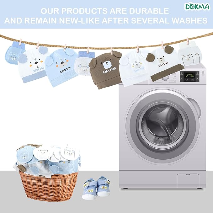 DOKMA Organic Cotton Baby Mittens and Caps Set with Adorable Bear Design for Newborn 0-6 Months, No Scratch, Ultra Soft - 5 Caps x 3 Mittens, Cute Blue