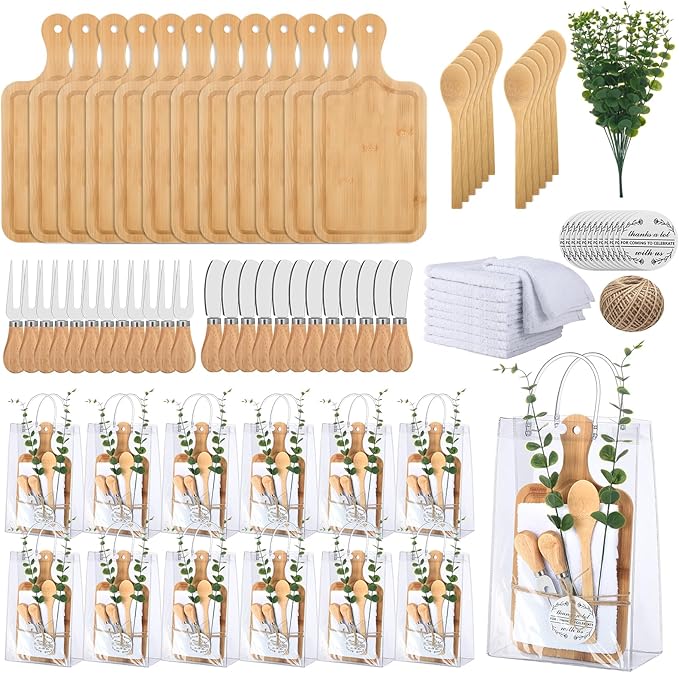 12 Sets Baby Shower Prizes for Game Winners Bamboo Cheese Board Spoon Fork Knives Towel Artificial Eucalyptus Stems Thank You Cards and Gift Bags for Baby Shower Wedding and Bridal Shower Favors