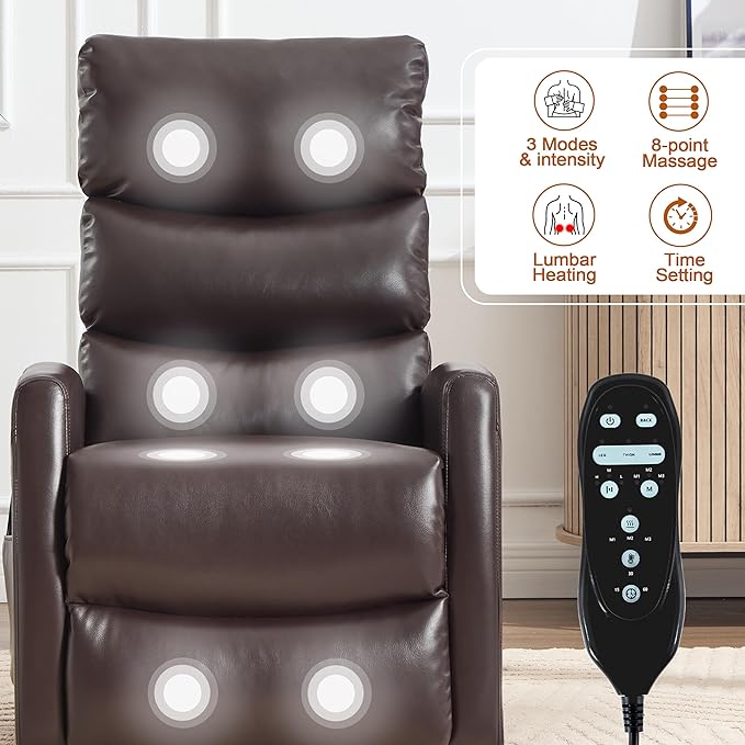 Manual Swivel Rocker Recliner Chair with Massage, Overstuffed Recliner Glider with Vibration Massage and Heat for Nursery, Living Room Reclining Sofa Chair, PU Leather Dark Brown