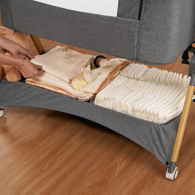 Cozy2 Baby Bedside Bassinet Sleeper Portable Travel Bassinet with Bigger Wheels 3 in 1 Bassinet Crib with Mattress, Storage Basket 5 Height Adjustable Bedside Crib for Baby - Wood Grain