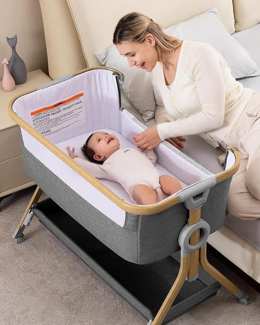Larex Baby Bassinet Bedside Sleeper for Baby, Baby Crib Bed for Newborn Infant, Bedside Bassinet with Wheels, 5 Adjustable Height, Mosquito Net, Breathable Mattress and Mesh, Storage Basket and Bag