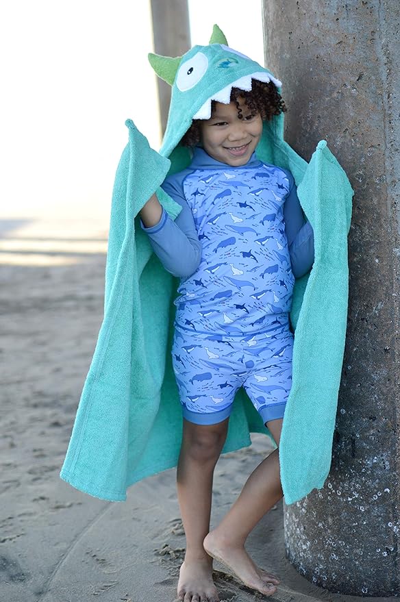 Hooded Baby Towel for Kids 2-8 | Large 100% Cotton Baby Towel for Boys or Girls | Unisex Cute Monster Bath Towels for Babies and Toddlers in Turquoise Green