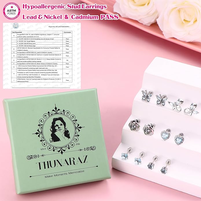 THUNARAZ Hypoallergenic Screw Back Earrings for Girls Women Surgical Stainless Steel Stud Earrings for Sensitive Ears Cute Butterfly Flower Heart CZ Screwback Earring Kid Toddler Girls Jewelry Gift