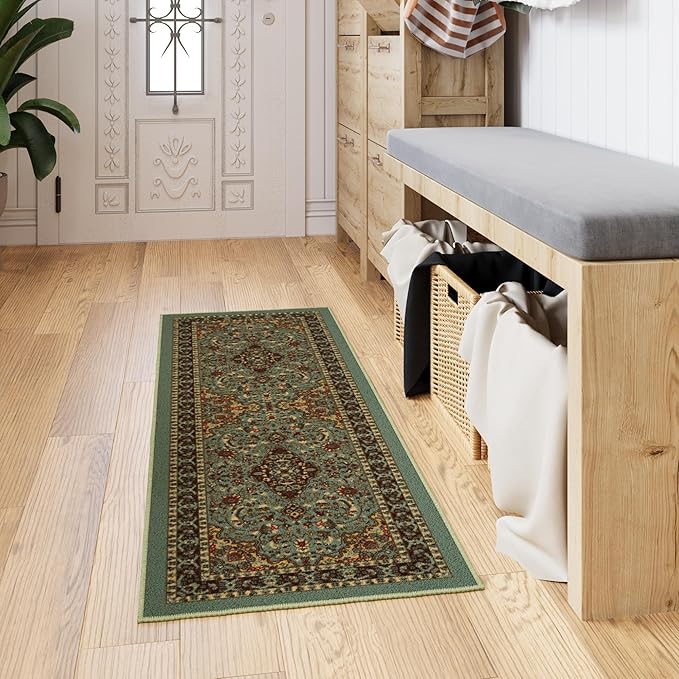 Ottomanson Hallway Runner Rug 20" x 59" Non Slip Oriental Area Rugs Easy to Clean Laundry Rug Runner Durable Pet Friendly Floor Carpet Runners for Hallways Entryway Living Room Kitchen, Seafoam Green