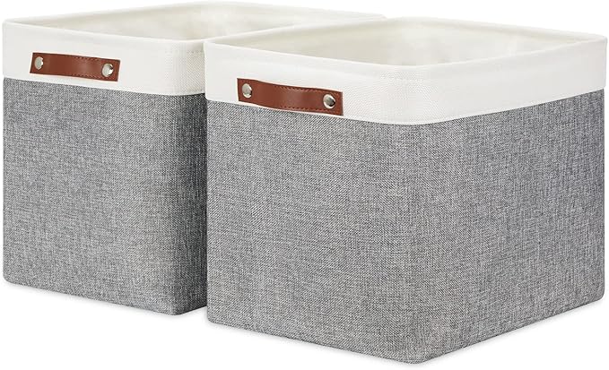 HNZIGE Large Fabric Storage Baskets Bins for Organizing [2 Pack] Foldable Storage Bin Tall Baskets for Shelves 16" X 11.8" X 11.8" Canvas Rectangular Decorative Storage Bins for Closet(Gray&White)
