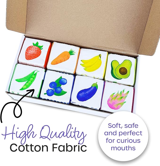 Quiggly Rainbow Soft Baby Blocks - 8 Colorful, Montessori Sensory Blocks for Babies & Toddlers- 100% Cotton, Non-Toxic Play Set with Rattle, Crinkle, Textures- Stacking Building Blocks for 3-12 Months