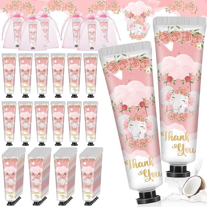 48 Sets Baby Shower Hand Cream Bulk Pink Elephant Baby Shower Favors Bridal Thank You Hand Cream for Guests Travel Size Lotion with Organza Bags