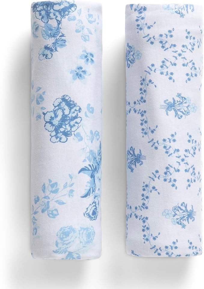 Delta Children 100% Organic Cotton Fitted Crib Sheets, Blue Botanicals + 100% Organic Jersey Cotton Baby Receiving Blankets – 30x40 Inches - GOTS Certified (Pack of 2) (Bundle)