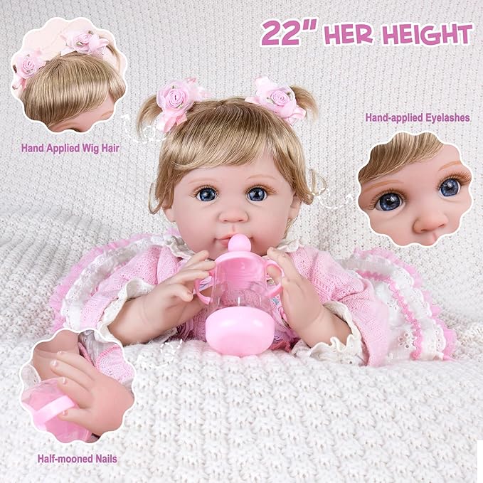 Aori Reborn Baby Dolls 22 Inch - Realistic Baby Doll for Kids 3+ Years - Lifelike Newborn Baby Girl with Pink Outfit - Handmade Cloth Body Reborn Toddler for Gift, Collection & Role Play