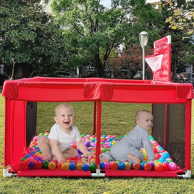 Portable Large Baby Ball Pit Playpen Playard Fence with Basketball Hoop Breathable Mesh for Indoors Outdoors Infant Toddler Kids Large