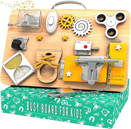 Jumble Dream Wooden Busy Board Montessori Toys for Toddlers and Educational Sensory Busy Board Autism Products & ADHD Activity Board for Learning - Kids Travel Toys for Toddlers Age 1 2 3 4 Years