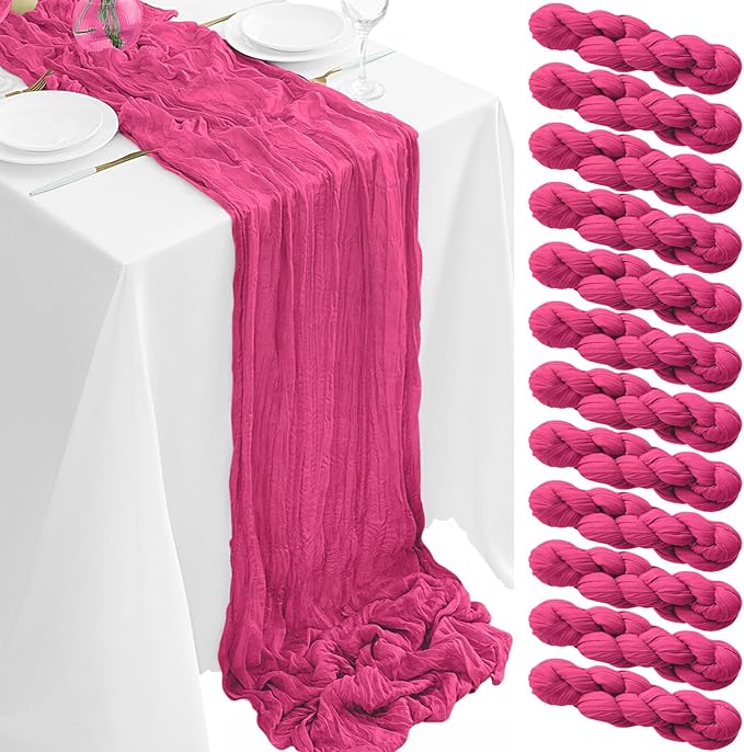 12Pack Hot Pink Cheesecloth Table Runner 35x120Inch Spring Easter Cheese Cloth Table Runner 10FT Boho Gauze Table Runners Rustic Sheer Table Runners for Wedding Bridal Shower Baby Shower Party Decor