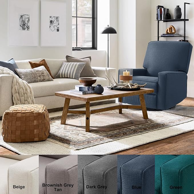Harkawon Swivel Rocker Recliner Chair, Glider Rocker Recliner, Rocking Chairs Nursery, Fabric Chair with High Back, Deep Seat, for Living Room, Bedroom, Blue+Brown