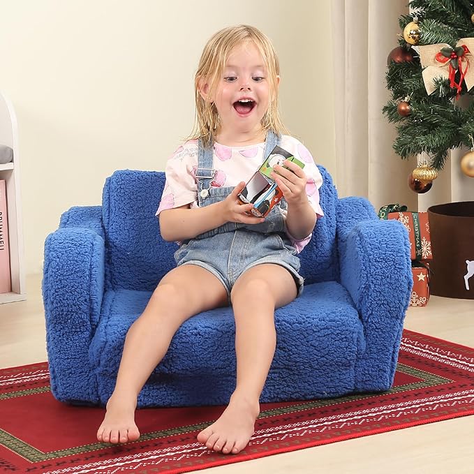 Kids Chairs for Toddler, 2-in-1 Toddler Soft Sherpa Couch Fold Out, Convertible Sofa to Lounger for Girls and Boys, Sky Blue
