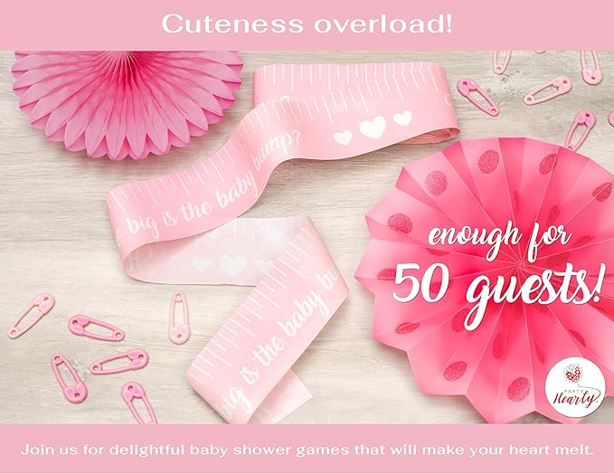 Party Hearty Funny Baby Shower Games for Girl Activities, 2 Rolls, 2 inches x 150 feet, Pink Tummy Measure, Fun & Easy Idea