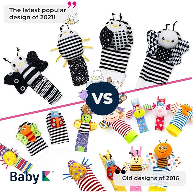 BABY K Rattle Socks & Wrist Rattles and Hand Rattle (Set E+ Flower) - Newborn Toys for Baby Boy or Girl - Brain Development Infant Toys - Hand and Foot Rattles Suitable for 0-3, 3-6, 6-12 Month Babies