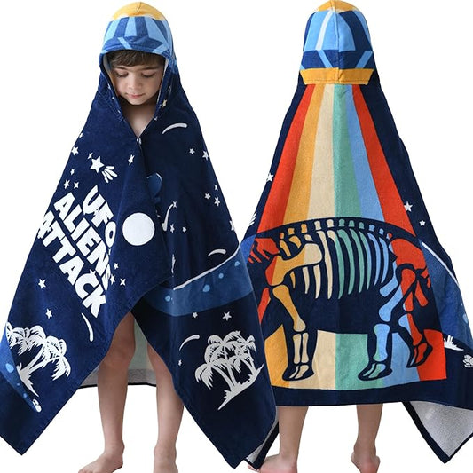 VOOVA & MOVAS Toddler Bath Towel with Hood for Kids Age 3-10, 30''X50, Soft | Thick | Absorbent Cotton Wrap Blanket, Beach, Pool, Swim | Bath Use, Dinosaur Under The UFO