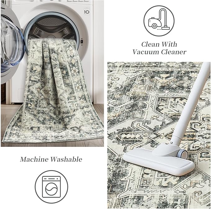 zesthome 5x7 Washable Rug-Stain Resistant Area Rugs for Living Room, Ultra-Thin Vintage Rugs, Non-Slip Backing Rug, Low Pile Large Area Rug, Boho Home Decor