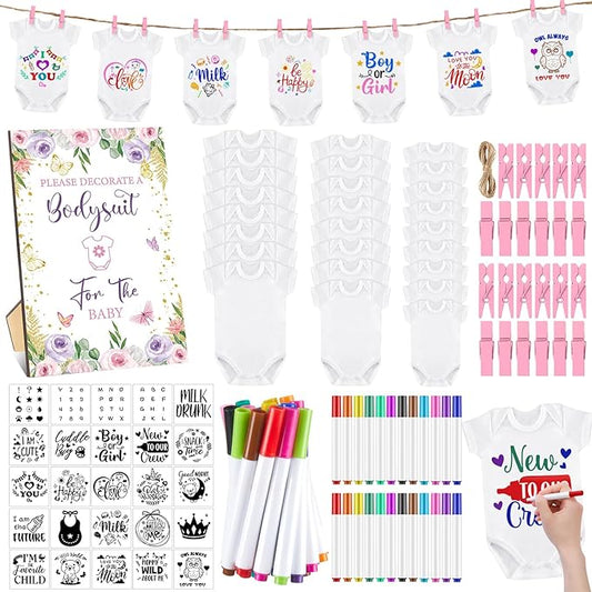 Panitay 126 Pcs Baby Shower DIY Bodysuit Set Rustic Kraft Baby Shower Game Sign DIY Bib 25 Blank White Newborn Bodysuit 25 Stencils 24 Marker 1 Sign 50 Pins for Gender Reveal(Butterfly)