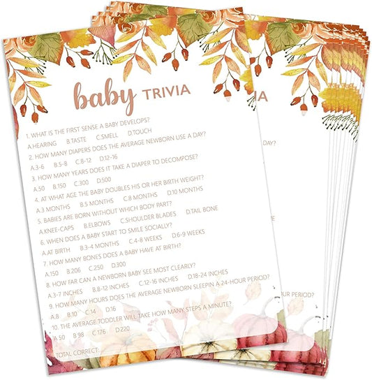 Baby Shower Games Cards, Autumn Baby Trivia Game, Thanksgiving Boy or Girl Baby Gender Reveal Party Favors Decorations and Supplies, 25 Pcs Double-Sided - E05