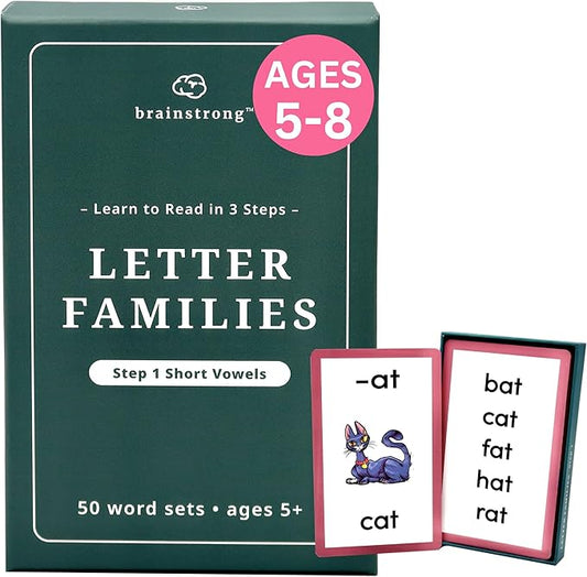 250 Phonics Words - Step 1 - Short Vowels | Learn to Read Kinder/1st Grade | Ages 5-7 | Brainstrong Letter Families Premium 50 Flashcards