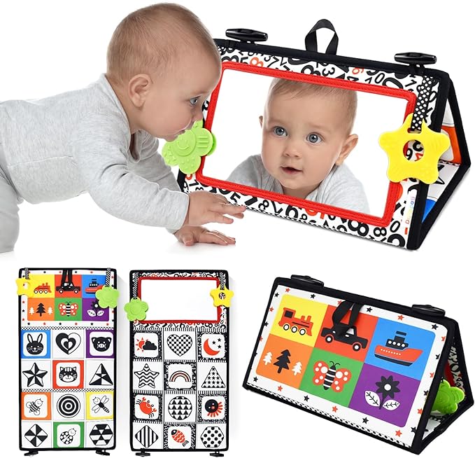 Dr.Rapeti Tummy Time Floor Mirror for Baby Infant Toddler Kids Black and White High Contrast Baby Toy with Teethers Floor Activity Toy Washable Non-Toxic