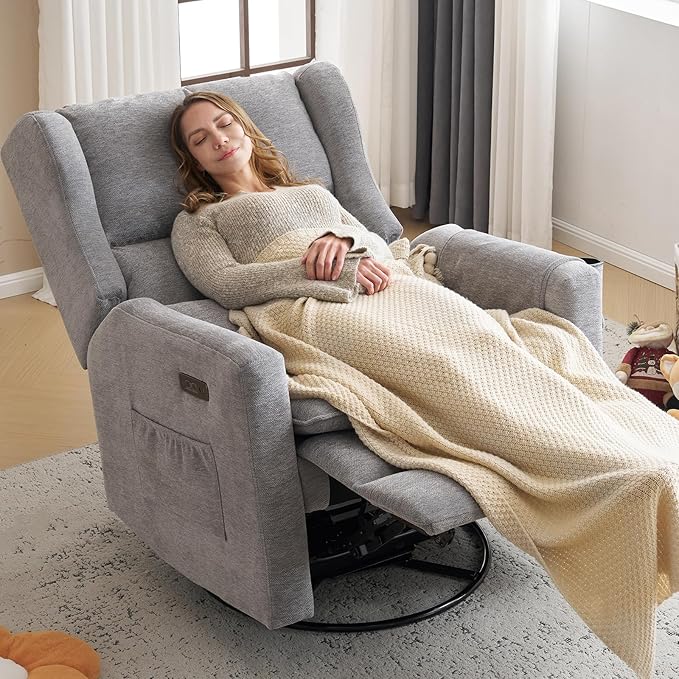 Oversized Swivel Rocker Recliner Chair, 26" Extra Wide Glider Nursery Chair with Adjustable Headrest, Chenille Power Recliner Rocking with Double Cushion, Cup Holder, Grey