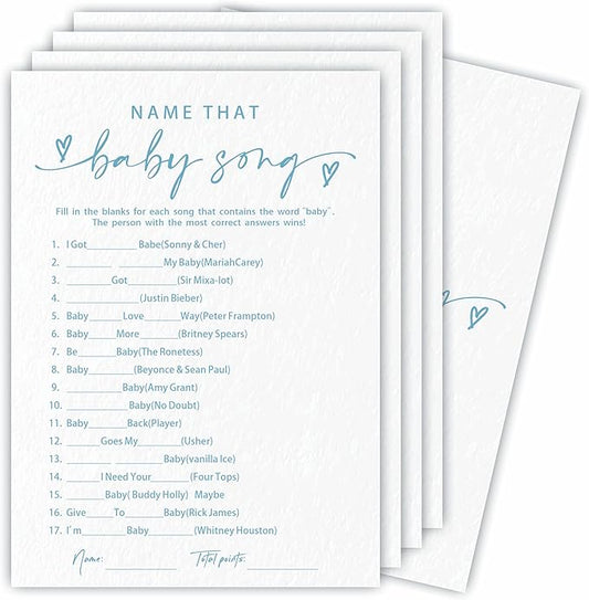 Name That Baby Song Game Set For Baby Shower - Minimalism White & Blue - 30 Double-Sided Fill In Style Game Cards & 1 Answer Card For Gender Reveal, Baby Announcement, Party Favor & Supplies - C04