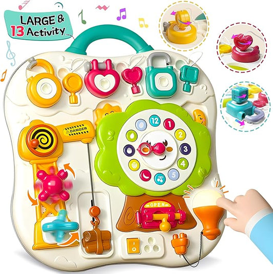 2025 New Montessori Busy Board Sensory Toys for Toddlers 1-3, 13 Activity Music & Led Light Up Montessori Toys for 2+ Year Old, Birthday Gifts for Toddlers, Travel Toys for 2 Year Old