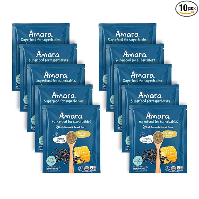 Amara Organic Baby Food - Stage 3 - Black Bean & Sweet Corn - Baby Cereal to Mix With Breastmilk, Water or Baby Formula - Shelf Stable Baby Food Pouches Made from Organic Veggies - 10 Pouches, 3.5oz Per Serving