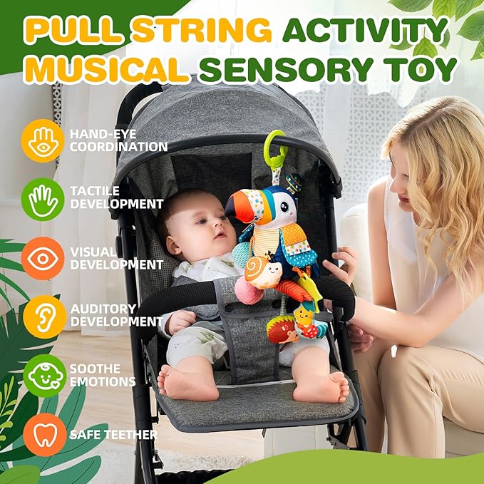 Jollybaby Musical Activity Pull String Hanging Toy for Baby Stroller Car Seat Crib Play Gym, Plush Stuffed Toucan Sensory Toys for Carseat with Music Teether Rattles, Baby Boys and Girls Gift