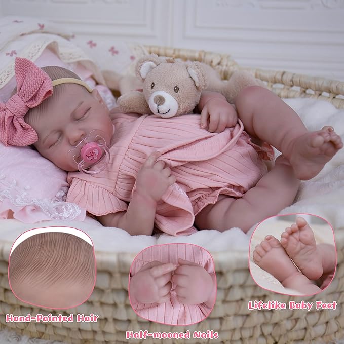 Realistic Baby Doll, 20-Inch Reborn Baby Dolls Soft Cloth Body Newborn Dolls That Look Real, Lovely & Pretty Lifelike Doll with Pink Dress and Toy Accessories for Kids Age 3+