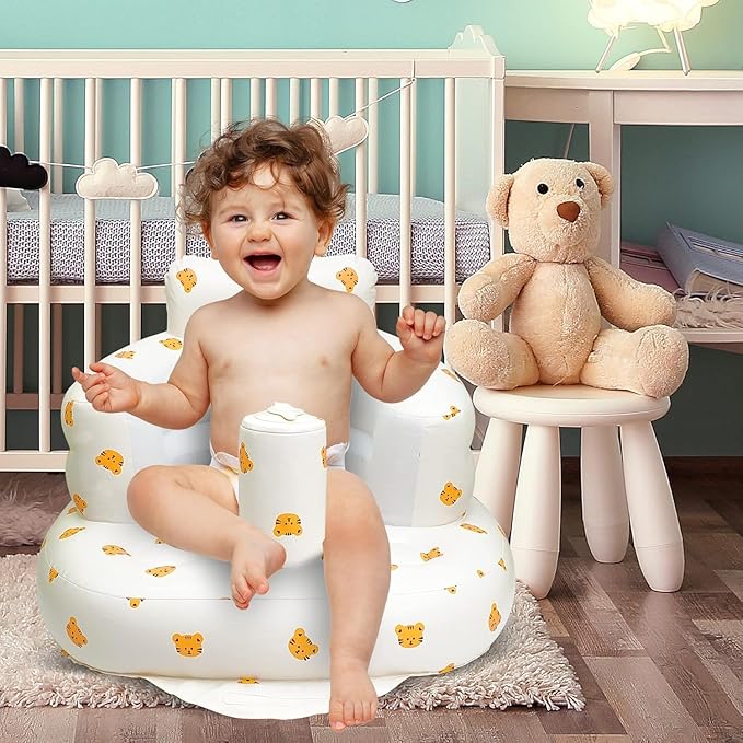 Inflatable Baby Chair, Inflatable Baby Seat for Babies 3 Months and Up, Summer Blow Up Chair with Built in Air Pump, Bumbo Seat for Learning to Sit, Palying, Camping, Tiger